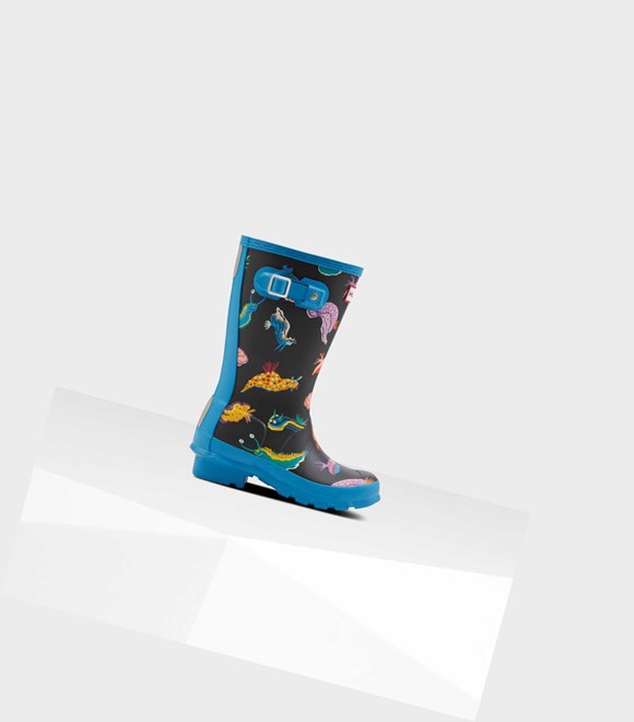 Kids' Hunter Original Big Sea Monster Print Wellington Short Boots Blue | 1590368-ZN