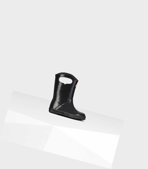Kids' Hunter Original First Classic Grab Handle Gloss Wellington Short Boots Black | 4657901-JT