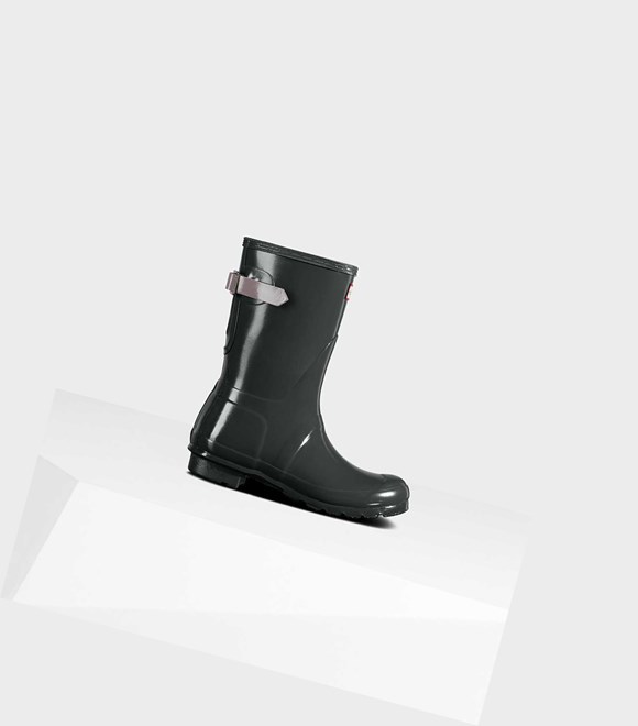 Women's Hunter Original Short Back Gloss Wellington Adjustable Short Boots Green | 2601857-UM