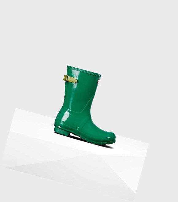 Women's Hunter Original Short Back Gloss Wellington Adjustable Short Boots Green | 9562083-FC