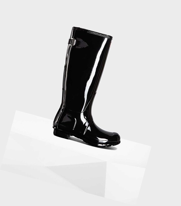 Women's Hunter Original Tall Back Gloss Wellington Adjustable Tall Boots Black | 1968243-HQ