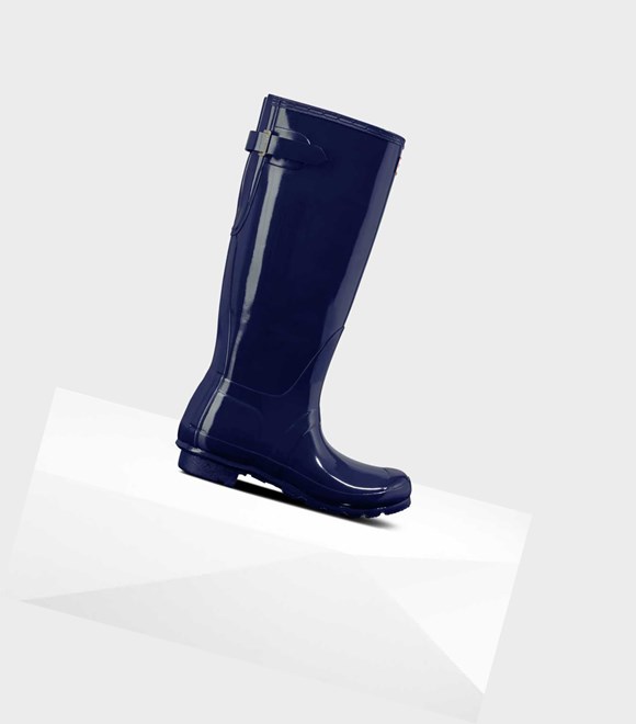Women's Hunter Original Tall Back Gloss Wellington Adjustable Tall Boots Blue | 8176093-VB