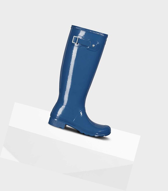 Women's Hunter Original Tour Foldable Gloss Wellington Tall Boots Blue | 2034185-DV