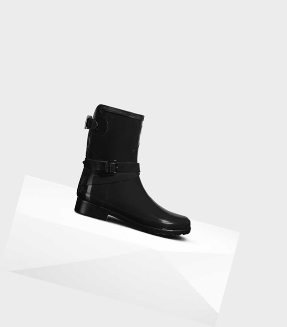 Women's Hunter Refined Slim Fit Short Gloss Wellington Adjustable Short Boots Black | 9682340-US