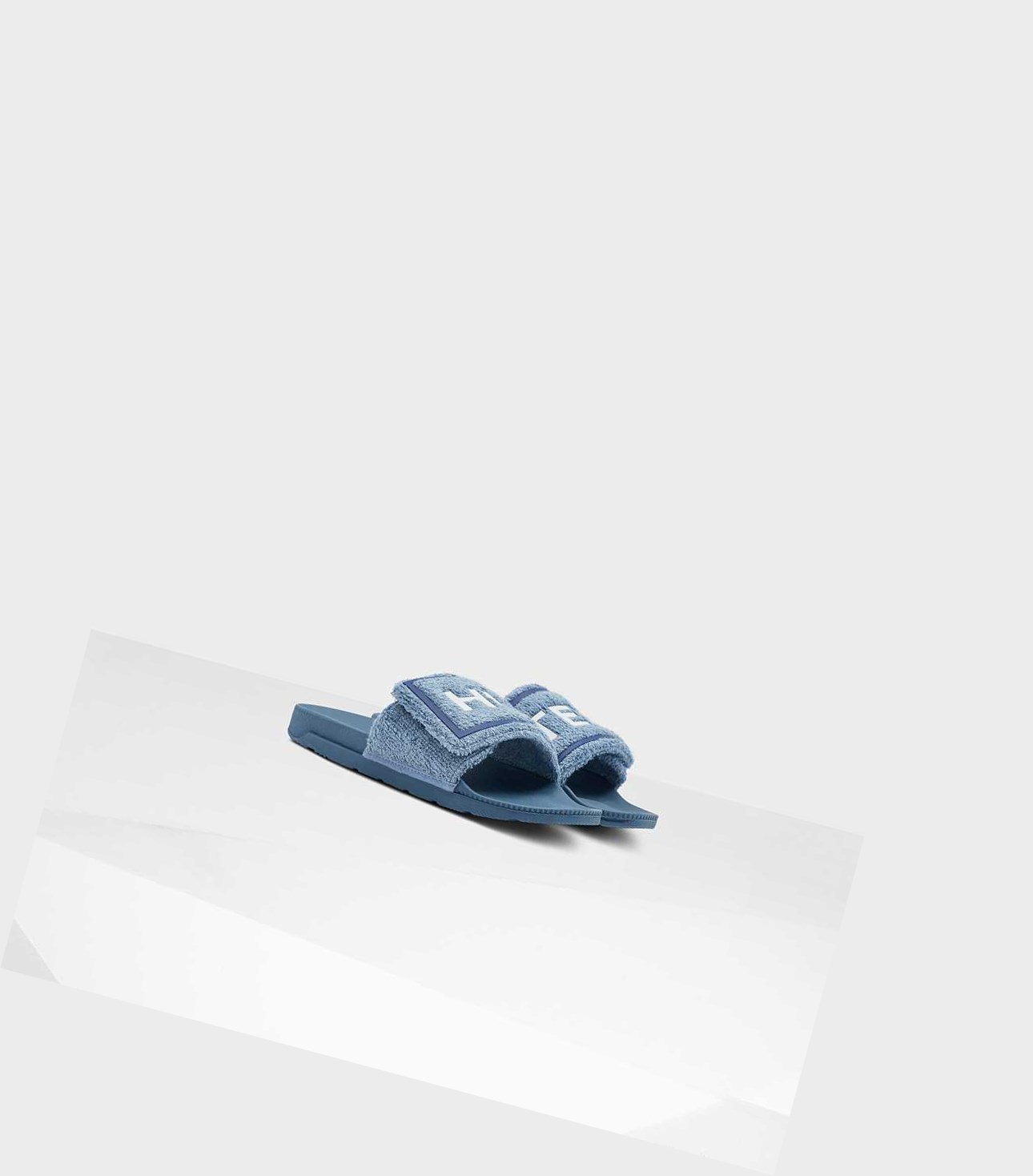 Women's Hunter Original Terry Towelling Logo Adjustable Slides Blue | 2081943-KW