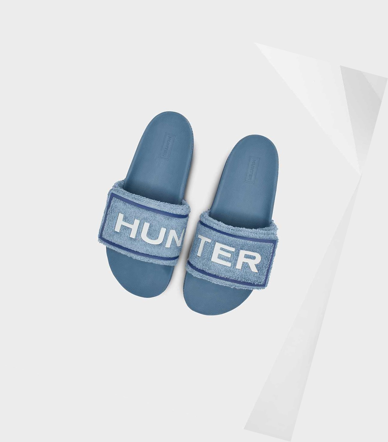 Women\'s Hunter Original Terry Towelling Logo Adjustable Slides Blue | 2081943-KW