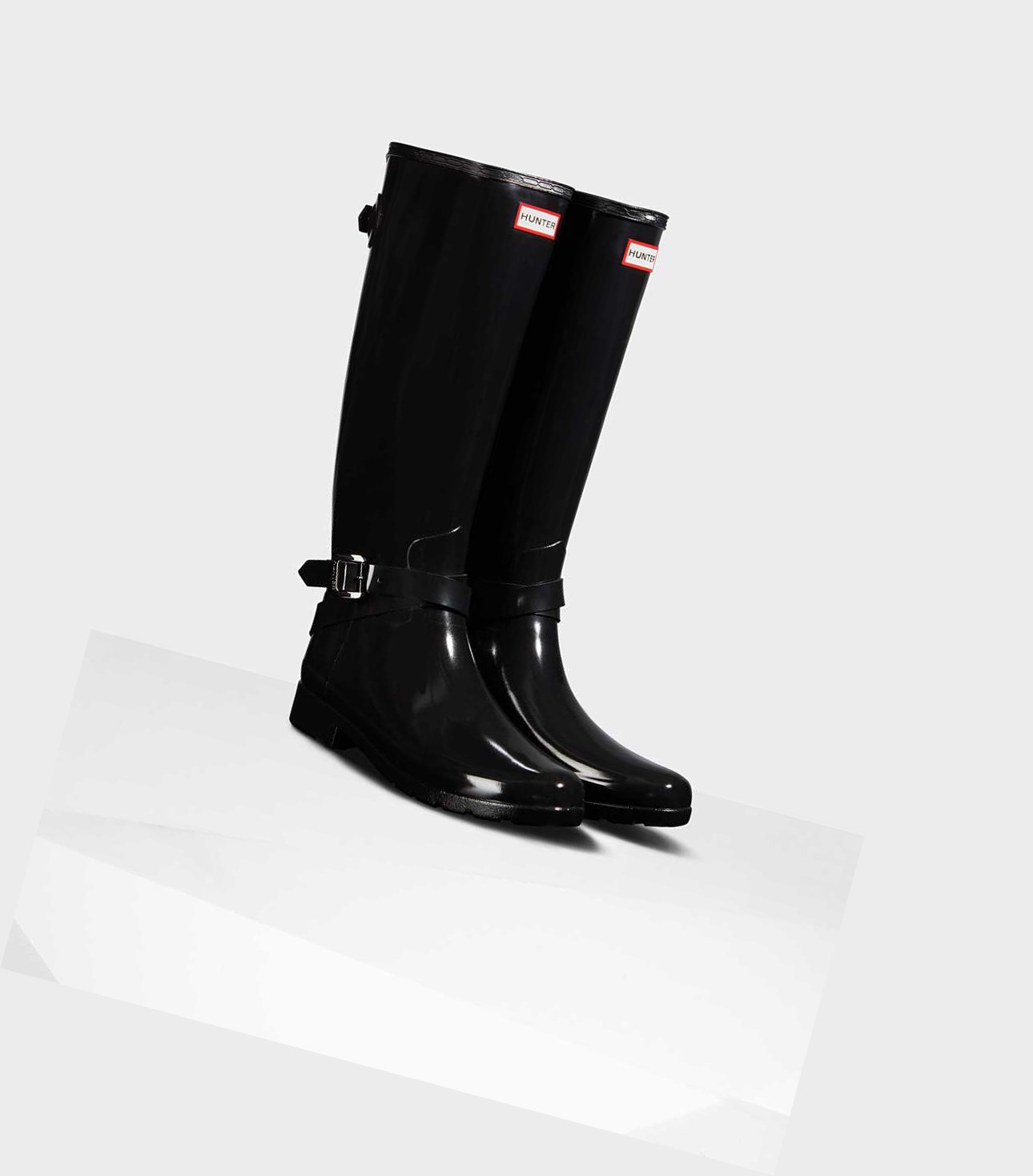 Women's Hunter Refined Tall Gloss Wellington Adjustable Tall Boots Black | 6310974-MF