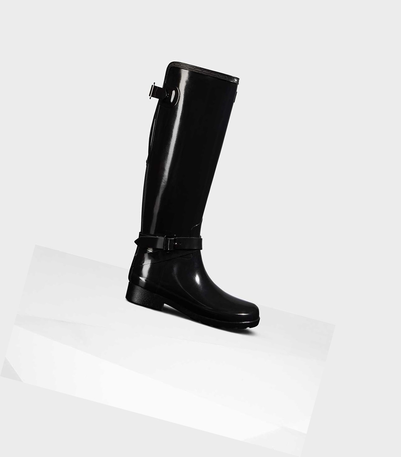 Women\'s Hunter Refined Tall Gloss Wellington Adjustable Tall Boots Black | 6310974-MF